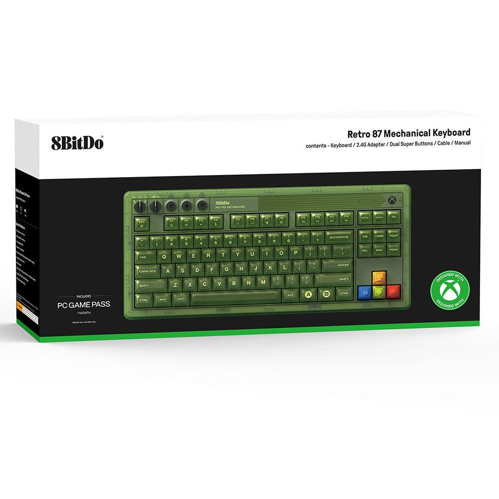 8BitDo Retro 87 Mechanical Keyboard Xbox Edition, 87 Keys, RGB Backlight, Hot Swappable PCB, Bluetooth/2.4G/USB-C Connection, Wireless Gaming Keyboard for Windows & Android