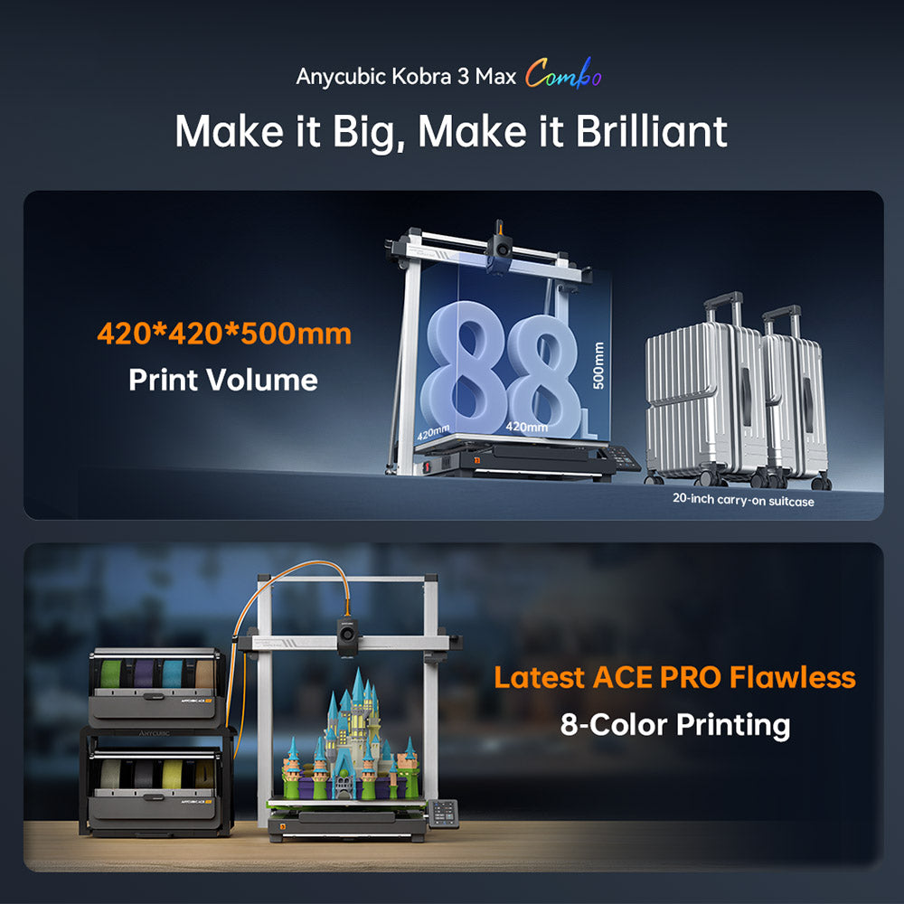 Anycubic Kobra 3 Max Combo, Up to 8-Color Printing, ACE Pro Color Engine, 600mm/s High-Speed Print, Auto-Leveling & Anti-Step Lost, 420*420*500mm