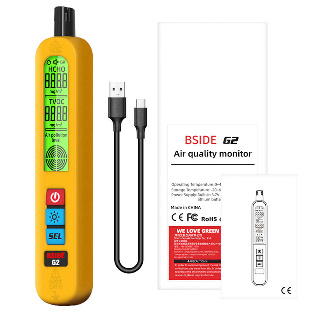 BSIDE G2 Air Quality Monitor, Formaldehyde Detector, PM2.5/TVOC/HCHO Test, Auto Alarm, LCD Display, Red & Green Color