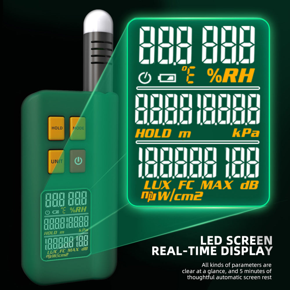 BSIDE GX1 4 in 1 Comprehensive Tester, Ambient/Temperature Humidity/Light Noise/Altitude Tester, with Decibel, A & C Weighted Test Functions - Green