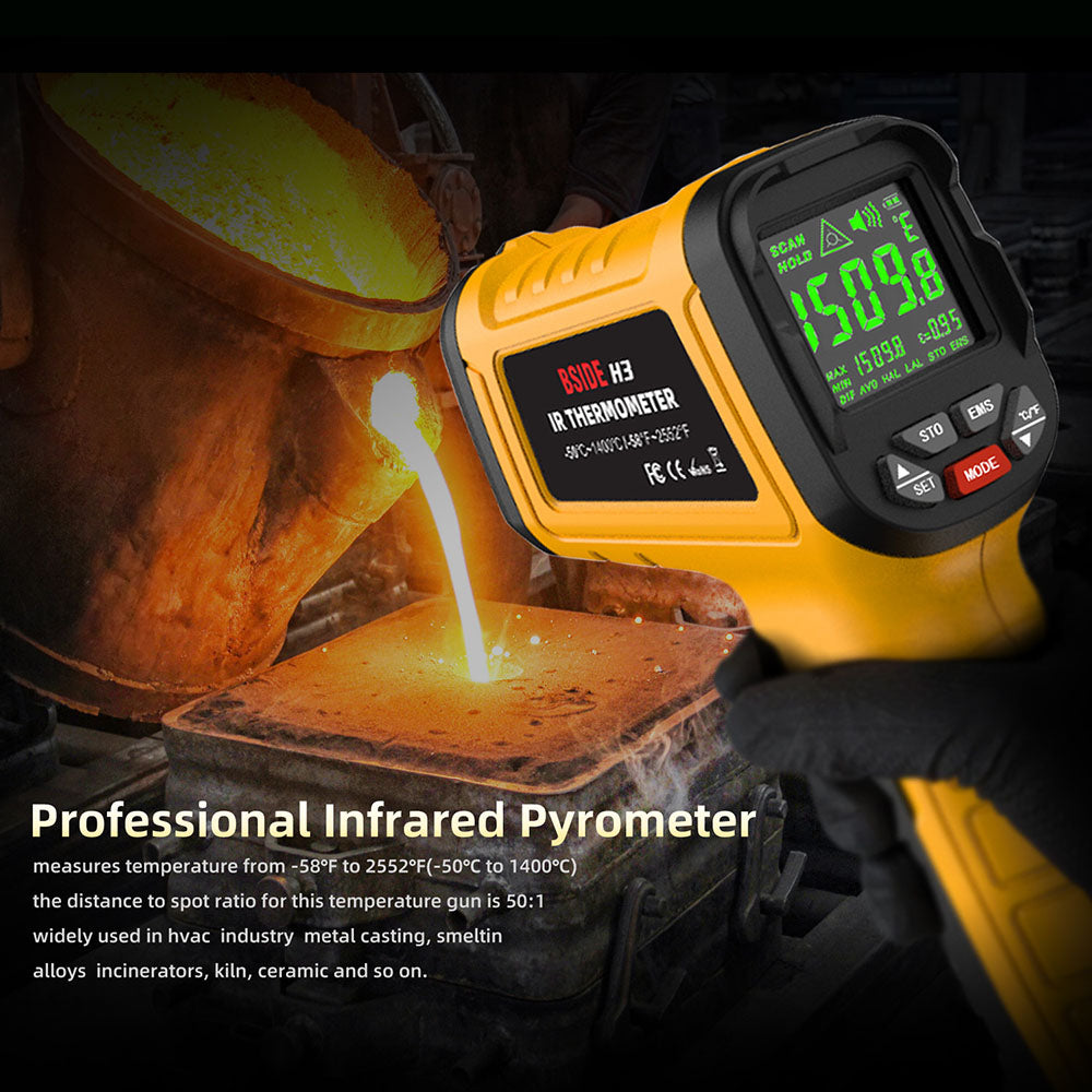 BSIDE H3 Infrared Thermometer Gun, -58℉—2552℉ Non-contact Handheld Digital Laser Industrial Temperature Measuring Tester, Yellow, No Battery