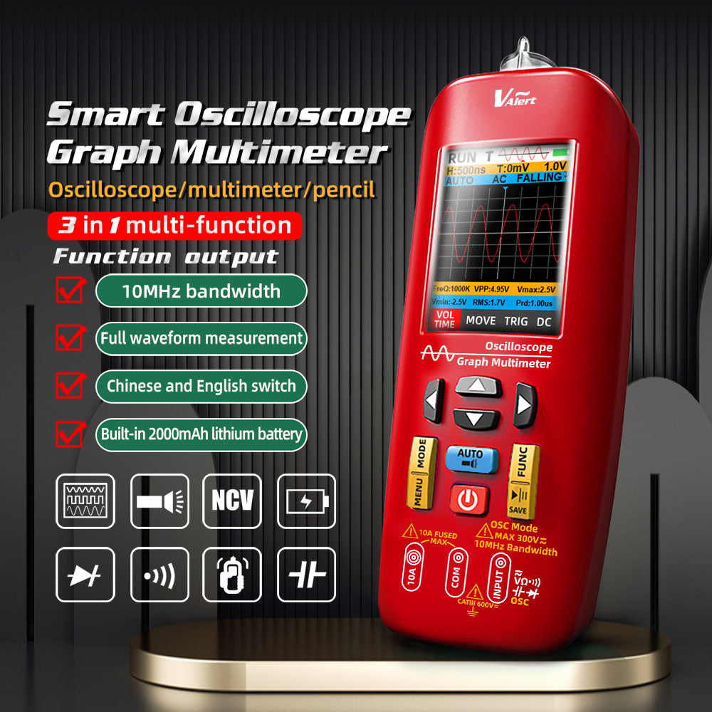 BSIDE O1 Digital Oscilloscope, Handheld Multimeter, Waveform Storage, Sampling Rate 48MSa/s 10MHz, Professional Electronic Components Tester - Red