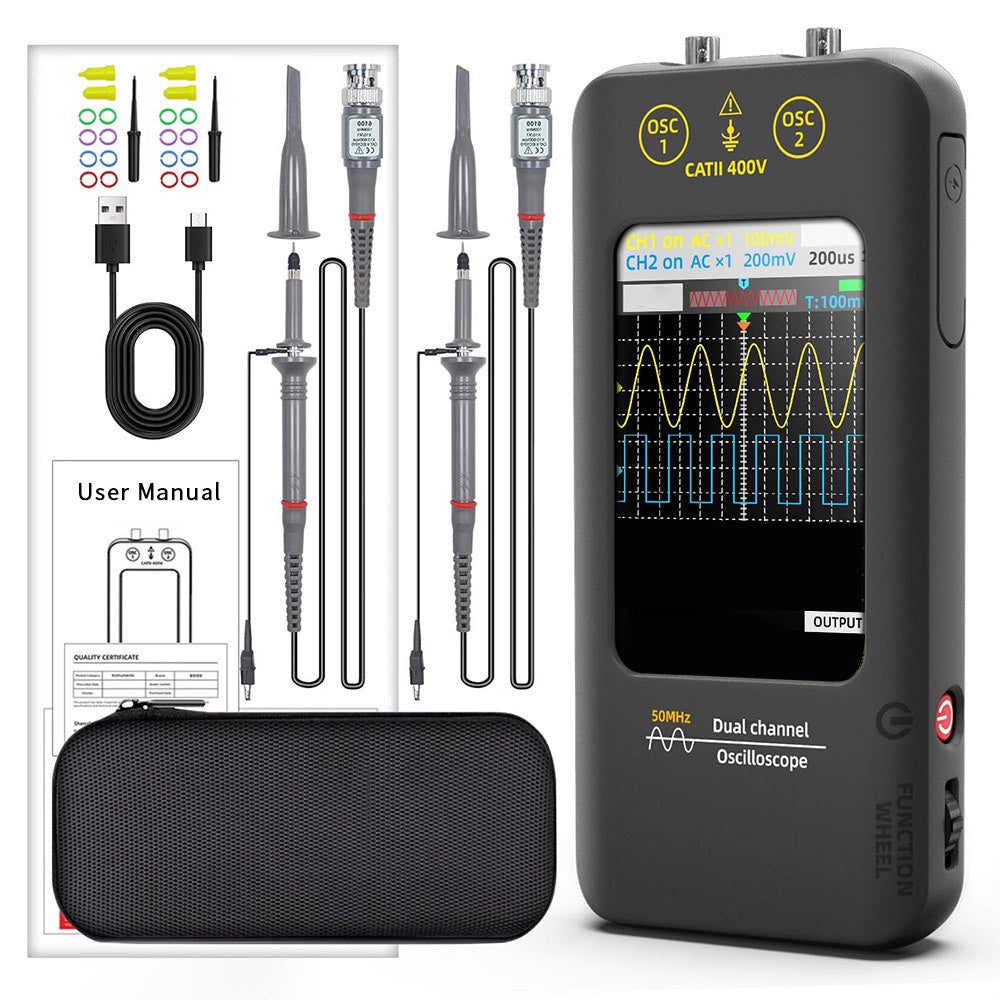 BSIDE O2 Dual Channel Oscilloscope, 50MHz Bandwidth, Real-time Sampling Rate 250MSa/s, 3.98-inch TFT LCD Display, 7 Signal Waveforms