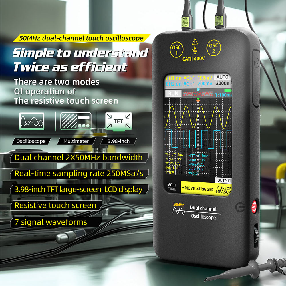 BSIDE O2 Dual Channel Oscilloscope, 50MHz Bandwidth, Real-time Sampling Rate 250MSa/s, 3.98-inch TFT LCD Display, 7 Signal Waveforms