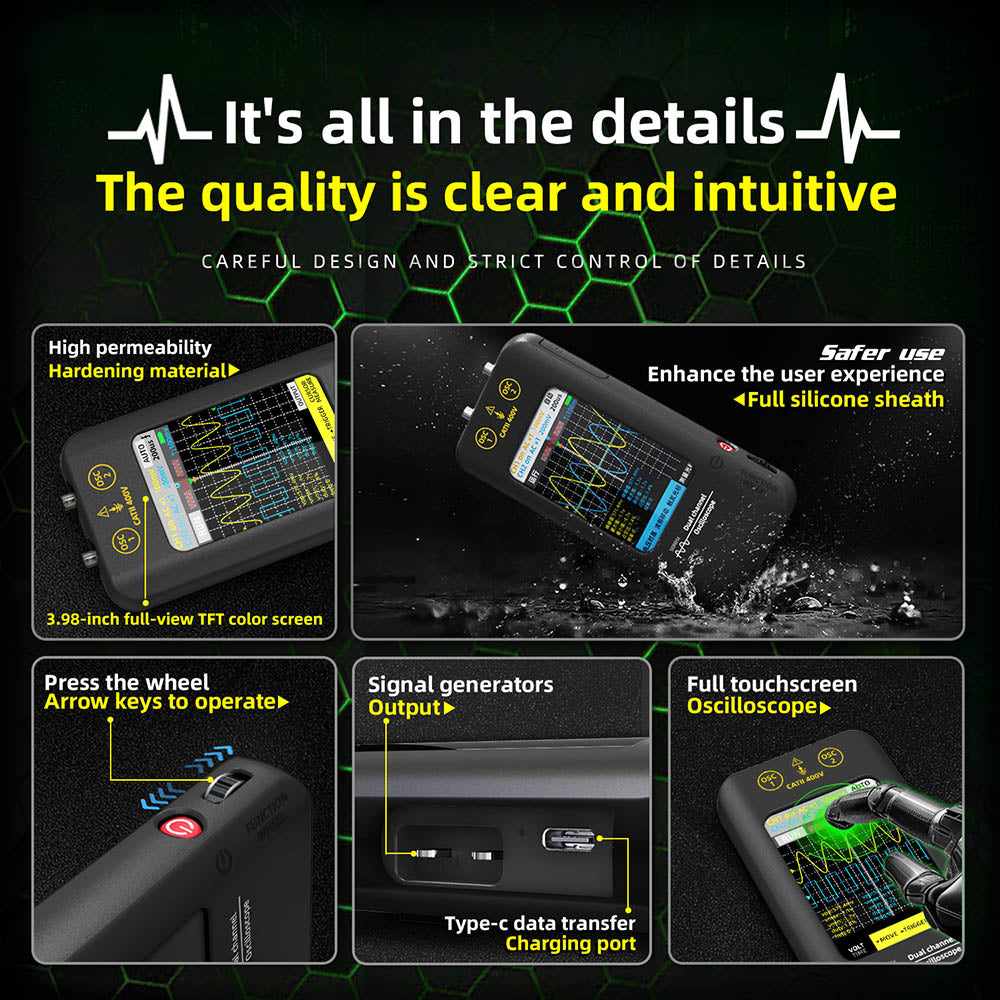 BSIDE O2 Dual Channel Oscilloscope, 50MHz Bandwidth, Real-time Sampling Rate 250MSa/s, 3.98-inch TFT LCD Display, 7 Signal Waveforms