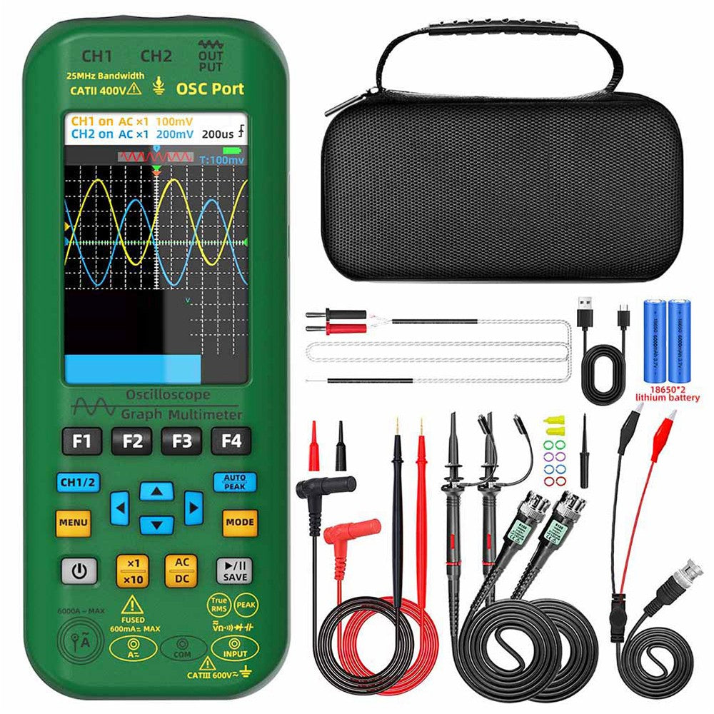 BSIDE O7 3 in 1 Oscilloscope Multimeter, Voltage/ Current/ Capacitance/ Frequency/ Resistance/ Continuity/ Diode Tester, 3.98" LCD Screen, 25Mhz Bandwidth, Dual Channel, Auto Shutdown, 6000 Count - Green