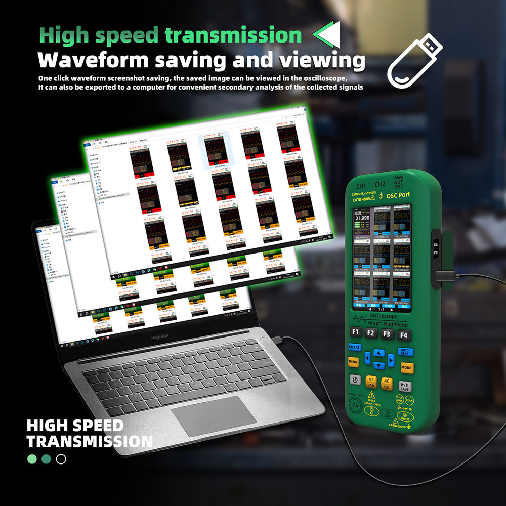 BSIDE O7 3 in 1 Oscilloscope Multimeter, Voltage/ Current/ Capacitance/ Frequency/ Resistance/ Continuity/ Diode Tester, 3.98" LCD Screen, 25Mhz Bandwidth, Dual Channel, Auto Shutdown, 6000 Count - Green