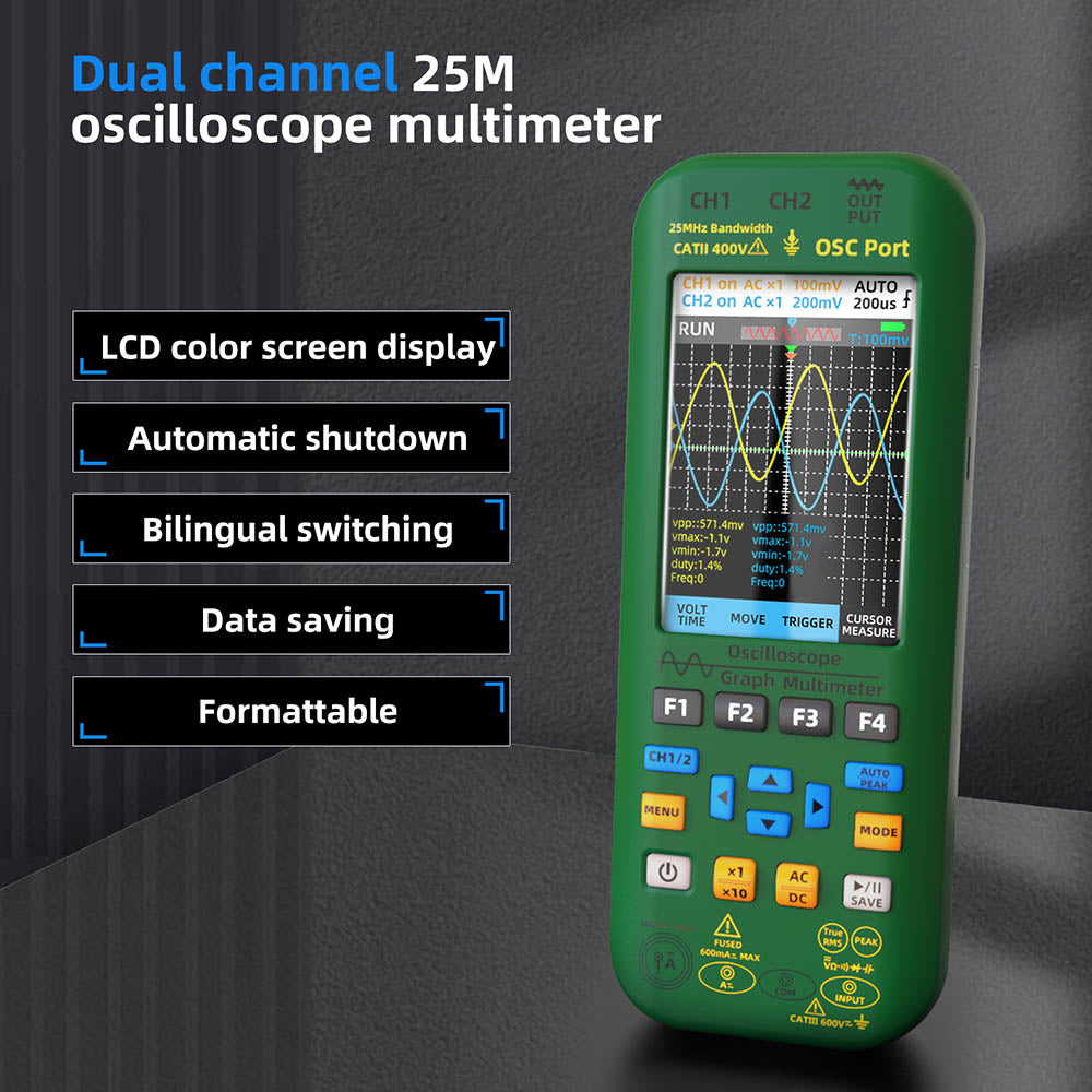 BSIDE O7 3 in 1 Oscilloscope Multimeter, Voltage/ Current/ Capacitance/ Frequency/ Resistance/ Continuity/ Diode Tester, 3.98" LCD Screen, 25Mhz Bandwidth, Dual Channel, Auto Shutdown, 6000 Count - Green