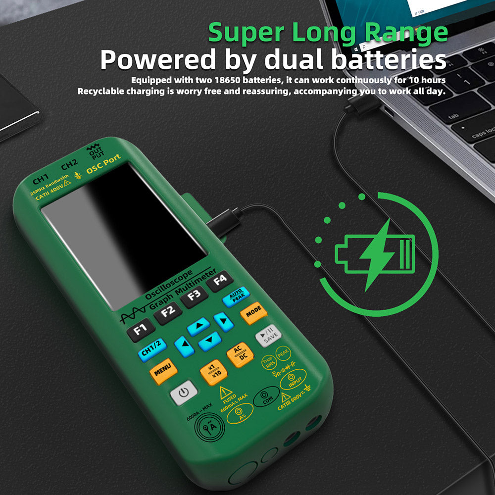 BSIDE O7 3 in 1 Oscilloscope Multimeter, Voltage/ Current/ Capacitance/ Frequency/ Resistance/ Continuity/ Diode Tester, 3.98" LCD Screen, 25Mhz Bandwidth, Dual Channel, Auto Shutdown, 6000 Count - Green