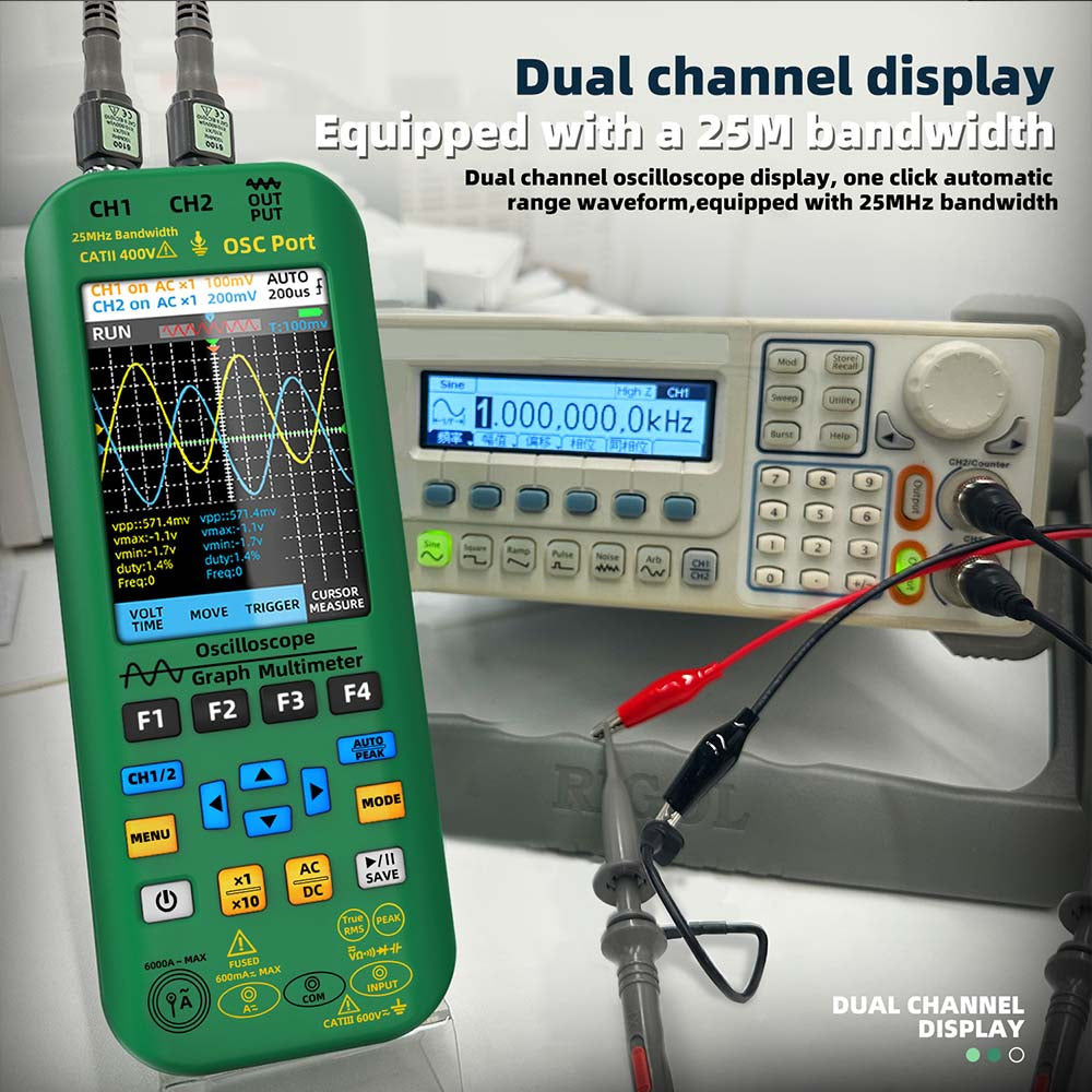 BSIDE O7 3 in 1 Oscilloscope Multimeter, Voltage/ Current/ Capacitance/ Frequency/ Resistance/ Continuity/ Diode Tester, 3.98" LCD Screen, 25Mhz Bandwidth, Dual Channel, Auto Shutdown, 6000 Count - Green