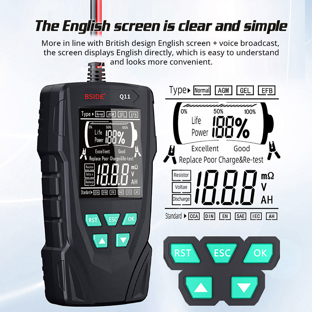 BSIDE Q11 Car Battery Tester, 12V 24V Digital Checker, CCA Lead Acid Battery Analyzer, 3Ah-200Ah Professional Automatic Detect Diagnostic Tool