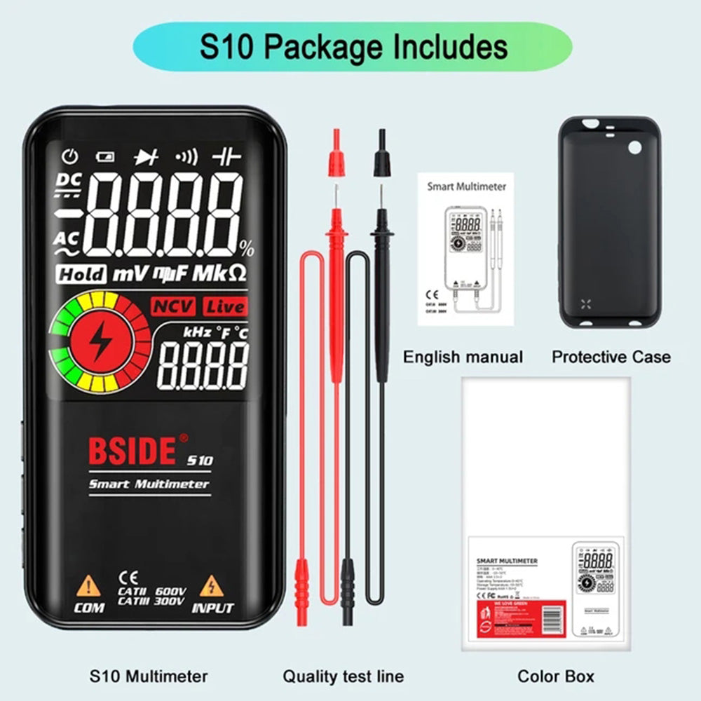 BSIDE S10 Smart Digital Multimeter, 3.5' Color LCD Screen, 9999 Counts, DC AC Voltage Capacitor Ohm Diode Tester, Black - without Battery