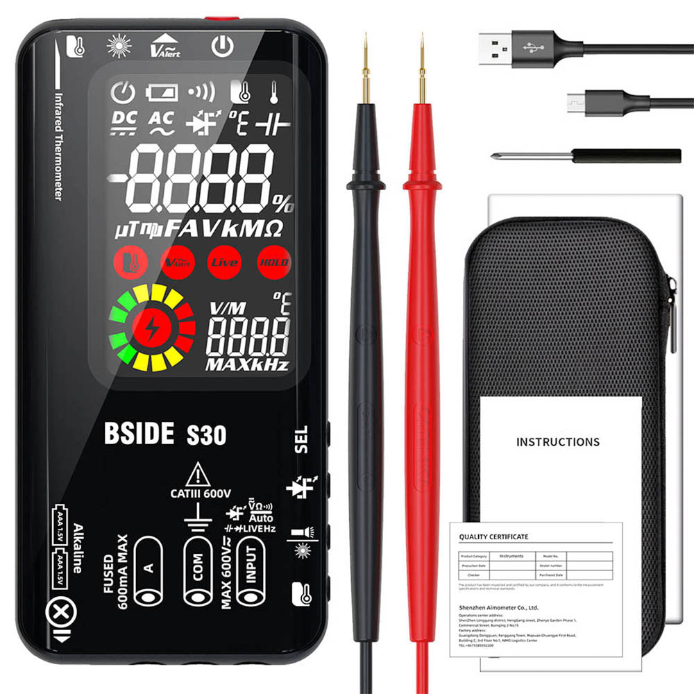 BSIDE S30 Digital Multimeter, Infrared Thermometer, True RMS 9999 Counts, DC AC Voltage Current 15V Diode Capacitor, Ohm NCV Rechargeable Tester - Black