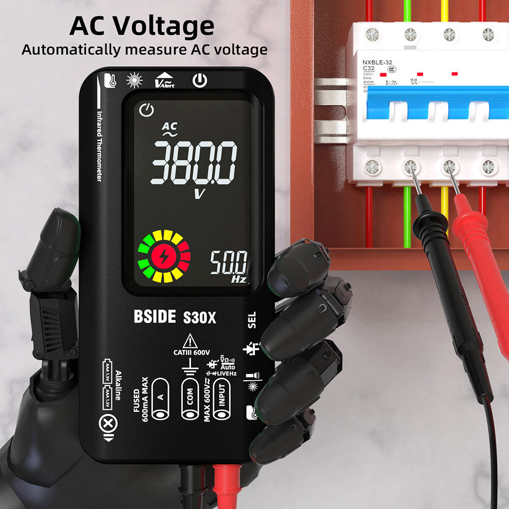 BSIDE S30 Digital Multimeter, Infrared Thermometer, True RMS 9999 Counts, DC AC Voltage Current 15V Diode Capacitor, Ohm NCV Rechargeable Tester - Black
