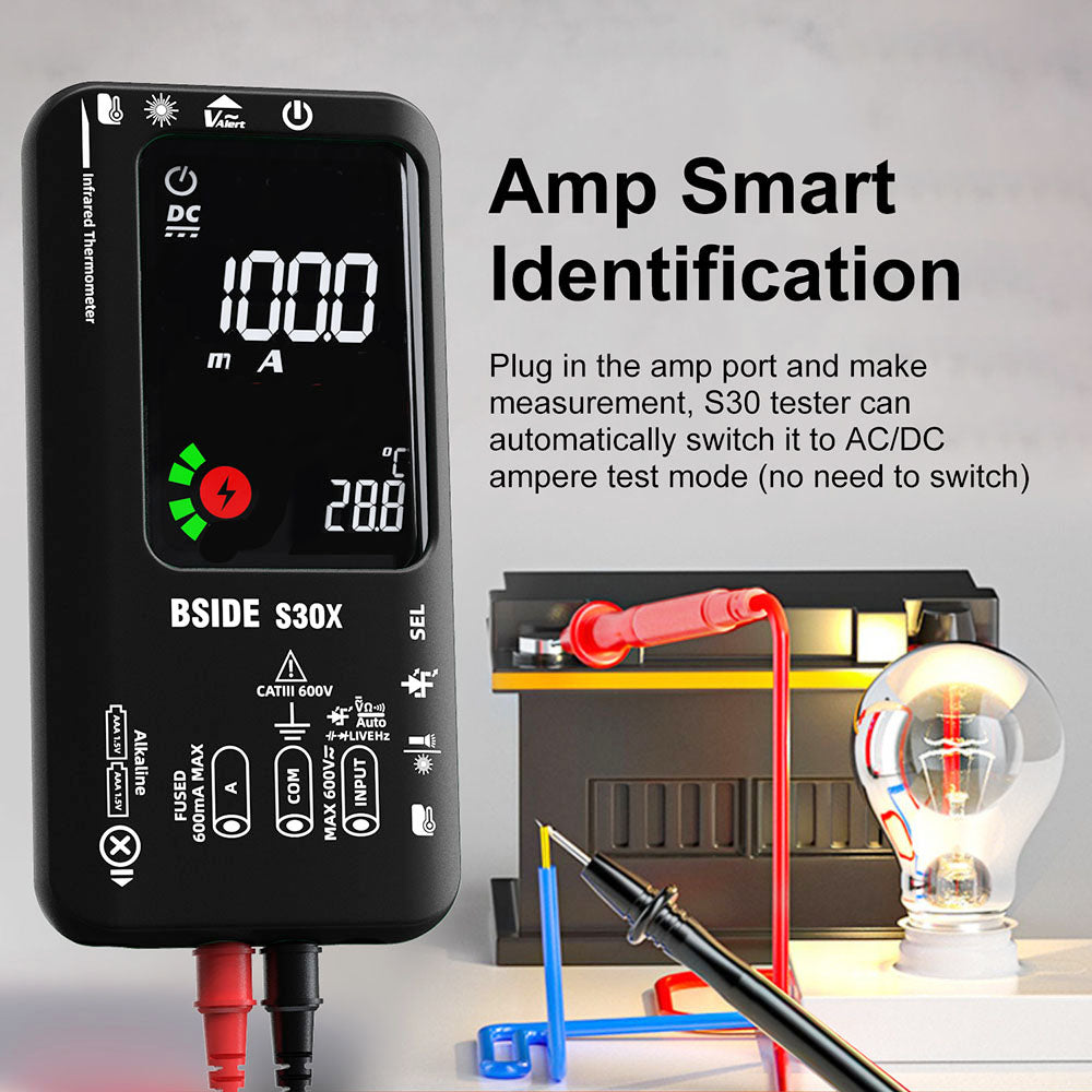 BSIDE S30 Digital Multimeter, Infrared Thermometer, True RMS 9999 Counts, DC AC Voltage Current 15V Diode Capacitor, Ohm NCV Rechargeable Tester - Black