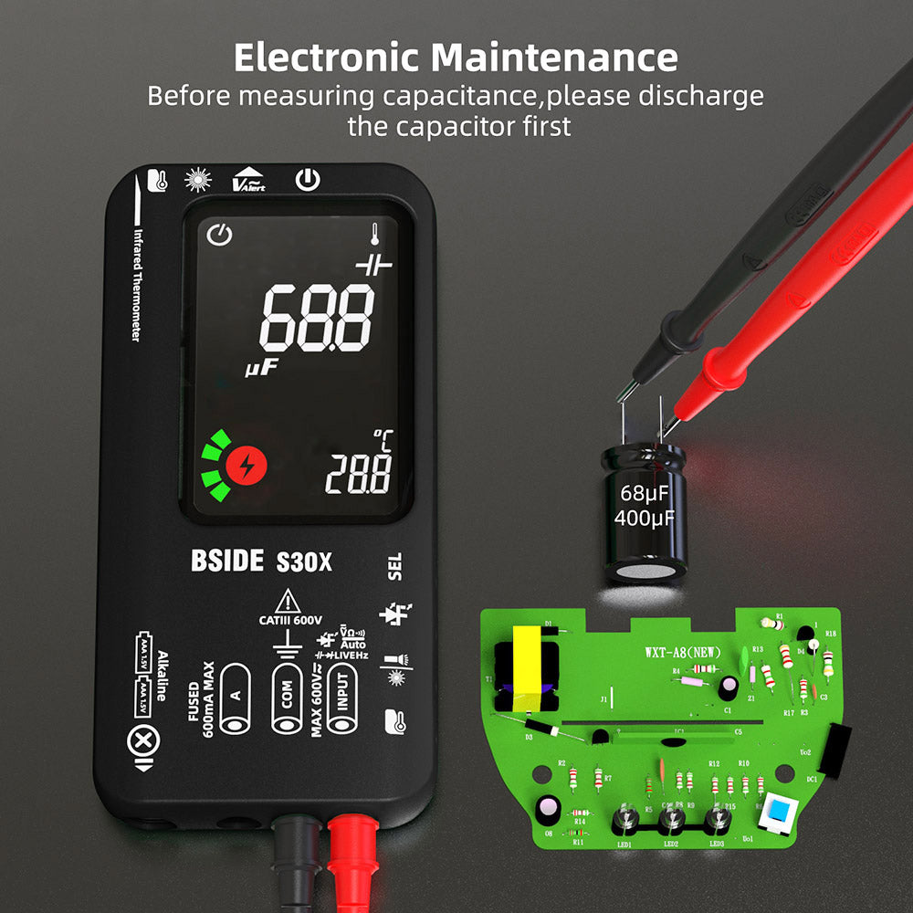BSIDE S30 Digital Multimeter, Infrared Thermometer, True RMS 9999 Counts, DC AC Voltage Current 15V Diode Capacitor, Ohm NCV Rechargeable Tester - Black