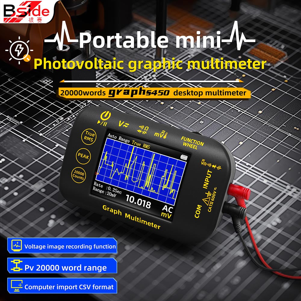 BSIDE S450 Digital Multimeter, 20000 Counts, 1000V, 2.8inch LCD Screen, Graphic Recording, Type-C Charging Port, Photovoltaic Voltage Millivolt AC Peak Meter