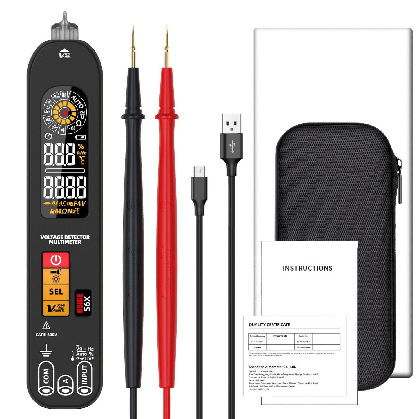 BSIDE S6X Intelligent Multimeter, EBTN Color Screen, Pen Type Voltage Current Capacitance Nai Multimeter, Rechargeable 400mAh Li-ion Battery