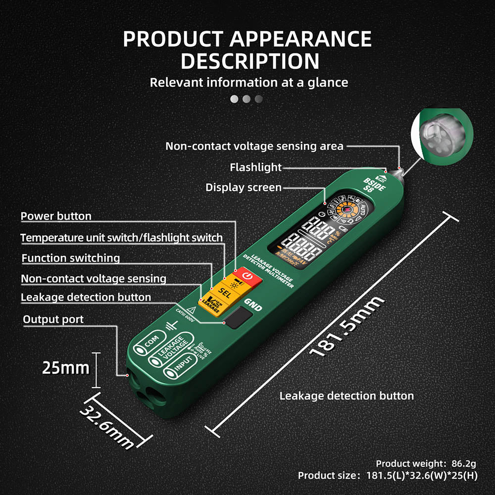 BSIDE S8 Digital Multimeter, Pen Type, Intelligent Voltage Detector, No Contact Meter, EBTN Display, AC DC Diode Tester Current Tool - Green