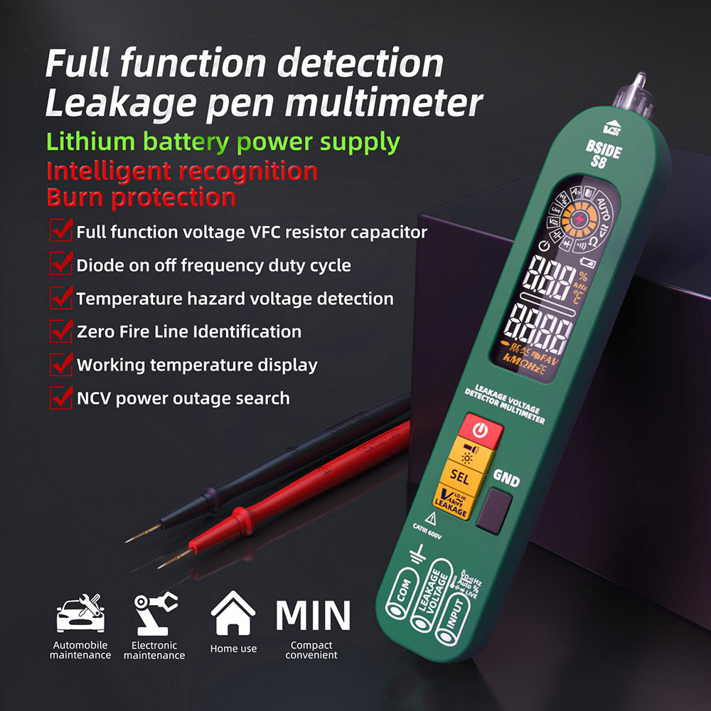 BSIDE S8 Digital Multimeter, Pen Type, Intelligent Voltage Detector, No Contact Meter, EBTN Display, AC DC Diode Tester Current Tool - Green