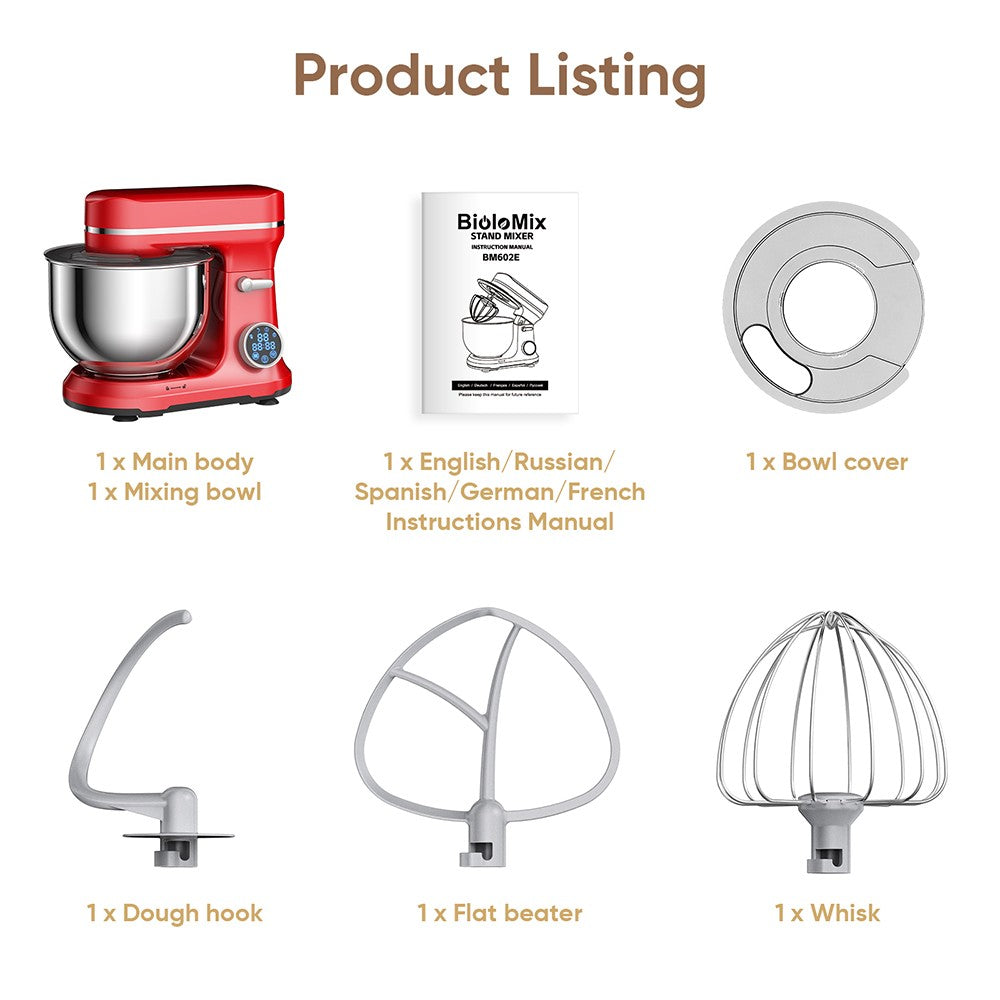 BioloMix BM602E 5L Kitchen Stand Mixer, 1200W 11-Speeds DC Motor, Digital OLED Screen, Low Noise, with Dough Hook, Flat Beater and Whisk