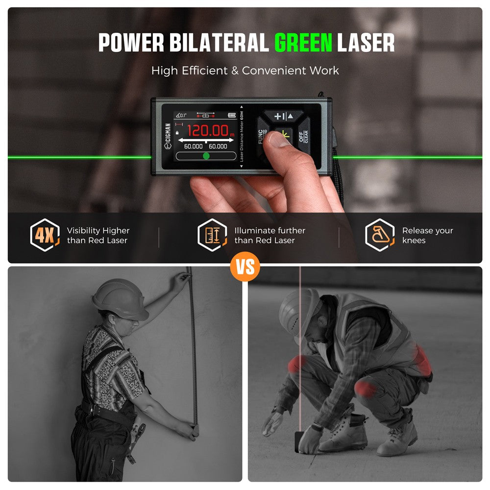 CIGMAN CD-60G 393ft/120M Bilateral Green Laser Measure, with Ft/in/M Multiple Units, Rechargeable 850mAh Battery
