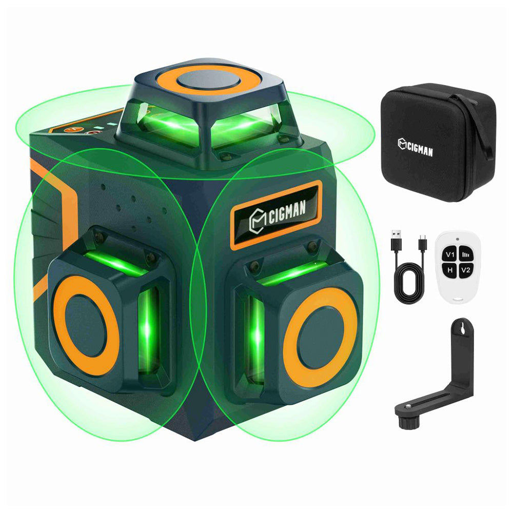 CIGMAN CM-701SE 3x360° 12 Lines Laser Level, Self Leveling, 3D Green Cross Line, with Remote Controller and Magnetic L-Shaped Bracket, Up to 50m Working Distance, IP54 Water & Dust Proof