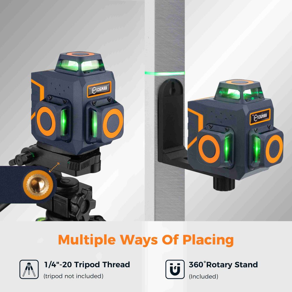 CIGMAN CM-701SE 3x360° 12 Lines Laser Level, Self Leveling, 3D Green Cross Line, with Remote Controller and Magnetic L-Shaped Bracket, Up to 50m Working Distance, IP54 Water & Dust Proof