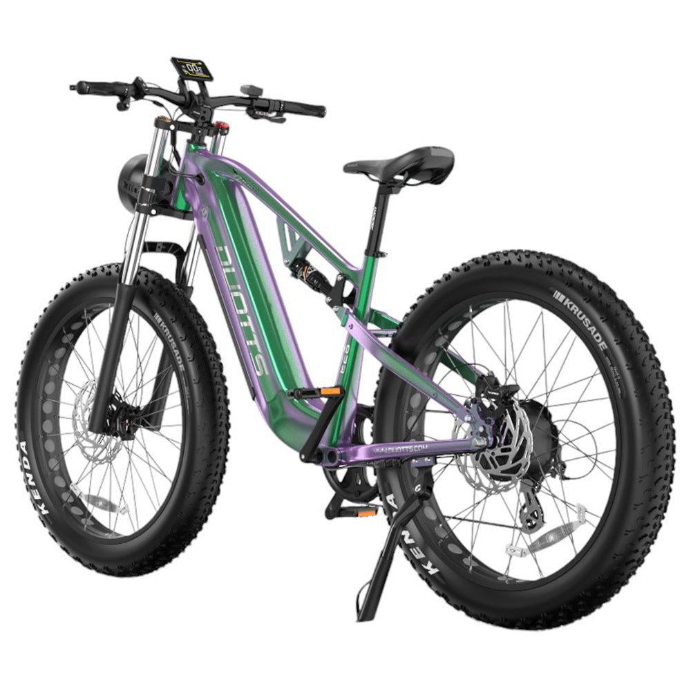 DUOTTS E26 Electric Bike, Bafang 750W Motor Torgue Sensor SAMSUNG 48V 20Ah Battery, 26*4.0 inch Tires, 55km/h Max Speed, 120km Max Range, TEKTRO Hydraulic Disc Brakes, Front and Rear Suspension, Shimano 8-speed - Green Purple