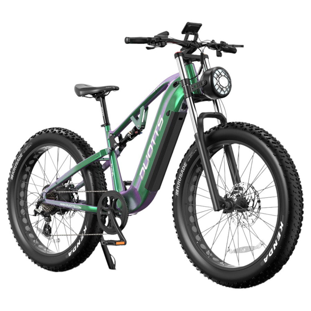 DUOTTS E26 Electric Bike, Bafang 750W Motor Torgue Sensor SAMSUNG 48V 20Ah Battery, 26*4.0 inch Tires, 55km/h Max Speed, 120km Max Range, TEKTRO Hydraulic Disc Brakes, Front and Rear Suspension, Shimano 8-speed - Green Purple