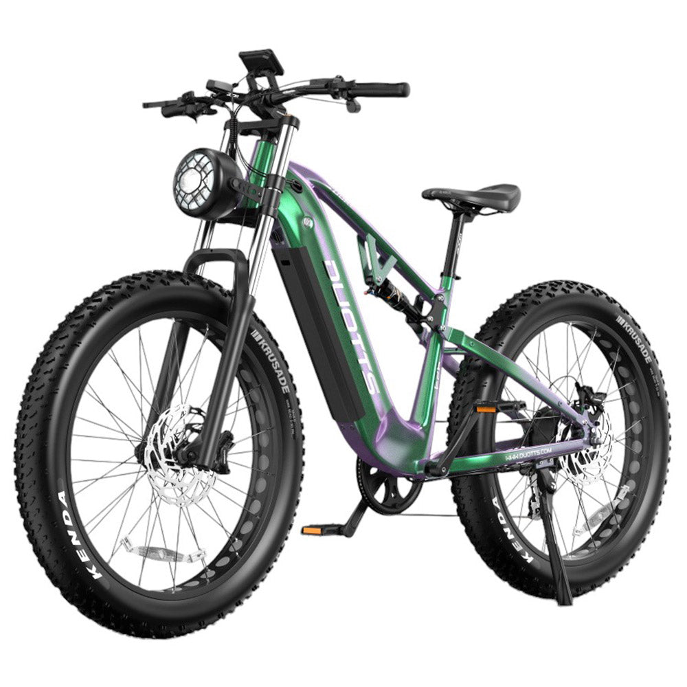 DUOTTS E26 Electric Bike, Bafang 750W Motor Torgue Sensor SAMSUNG 48V 20Ah Battery, 26*4.0 inch Tires, 55km/h Max Speed, 120km Max Range, TEKTRO Hydraulic Disc Brakes, Front and Rear Suspension, Shimano 8-speed - Green Purple