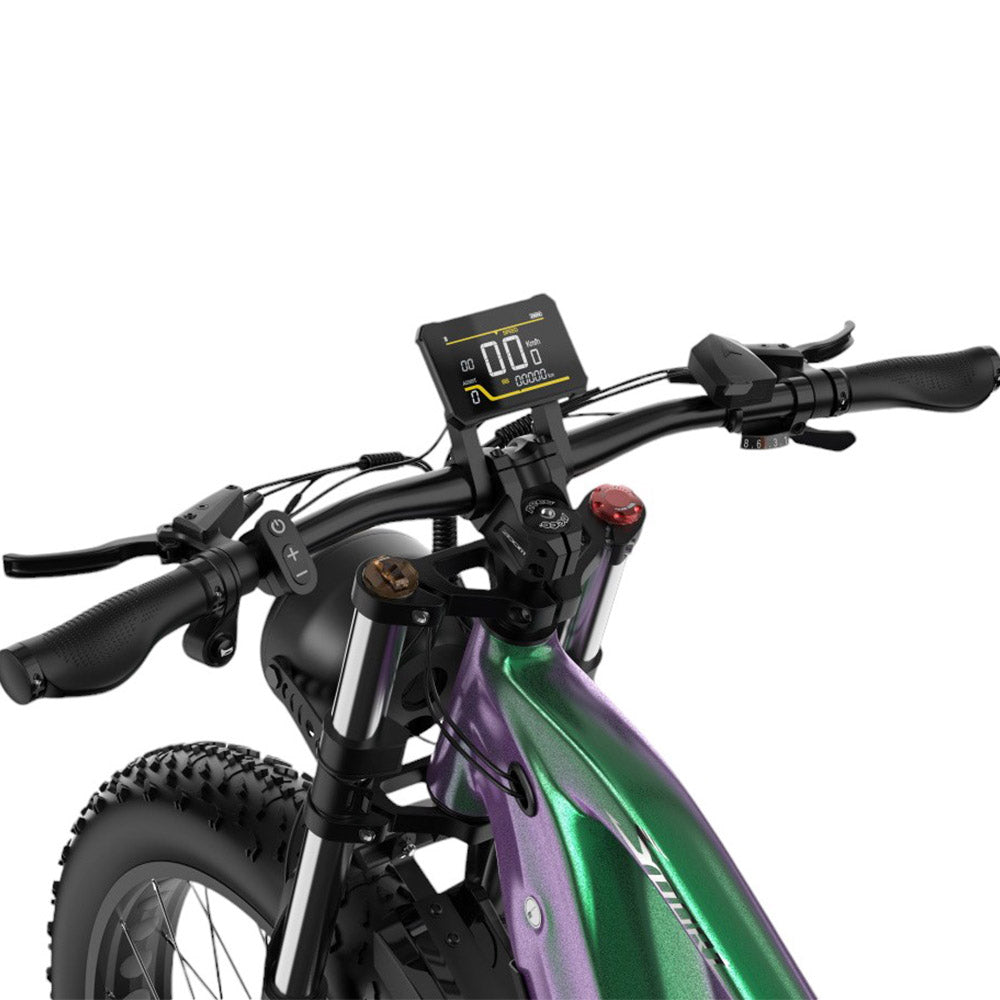 DUOTTS E26 Electric Bike, Bafang 750W Motor Torgue Sensor SAMSUNG 48V 20Ah Battery, 26*4.0 inch Tires, 55km/h Max Speed, 120km Max Range, TEKTRO Hydraulic Disc Brakes, Front and Rear Suspension, Shimano 8-speed - Green Purple