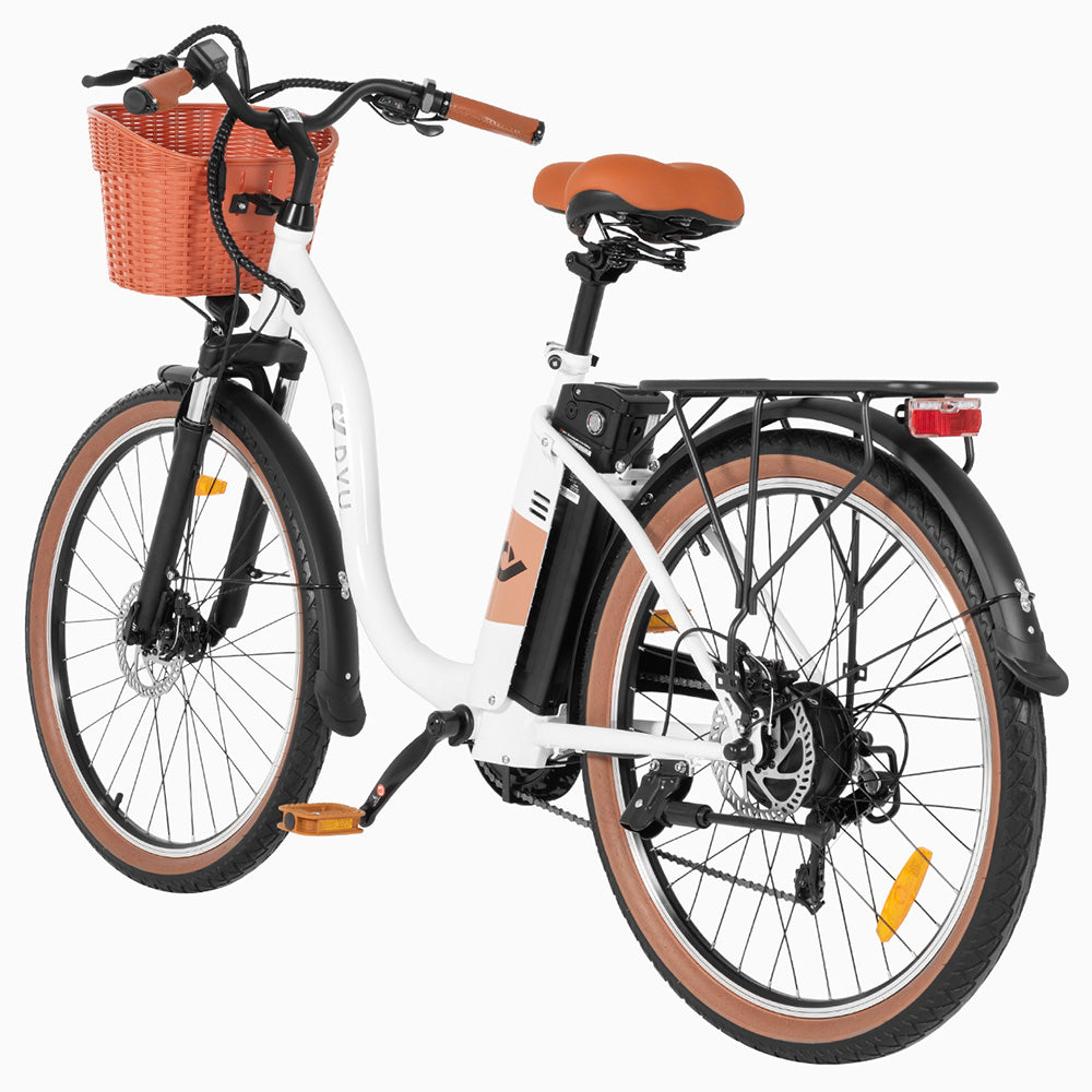 DYU C6 Pro Electric Bike, 250W Motor, 36V 15.6Ah Battery, 26*2.125-inch Tire, 25km/h Max Speed, 80km Range, Disc Brake, Front Fork Suspension, Shimano 7-speed, LED Display - White