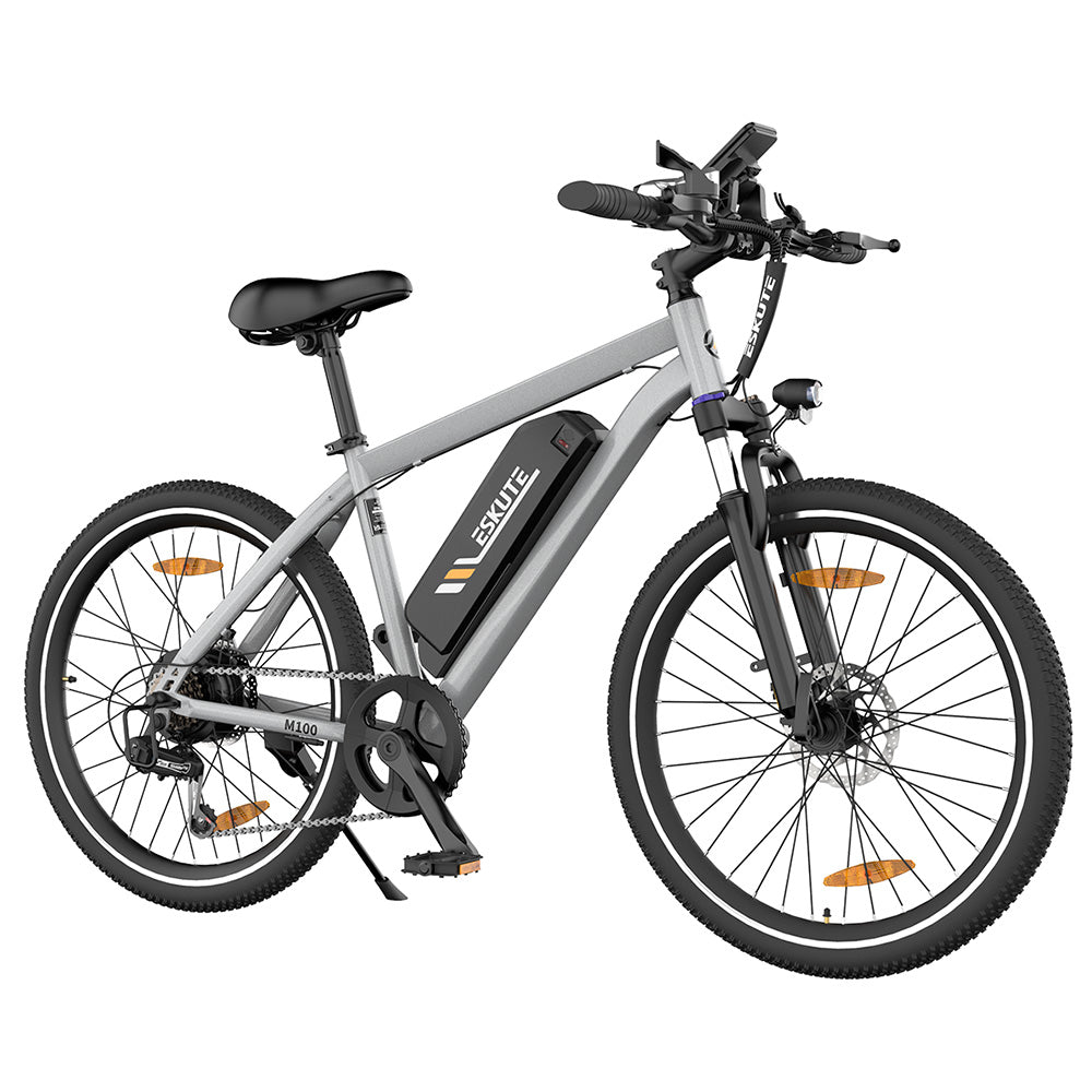 ESKUTE M100 Electric Bike, 250W Brushless Motor, 36V 10.4Ah Removable Battery, 27.5*1.95" Tires, 25km/h Max Speed, 30-55km Range, Disc Brakes, SHIMANO 7-speed, Front Suspension - Silver