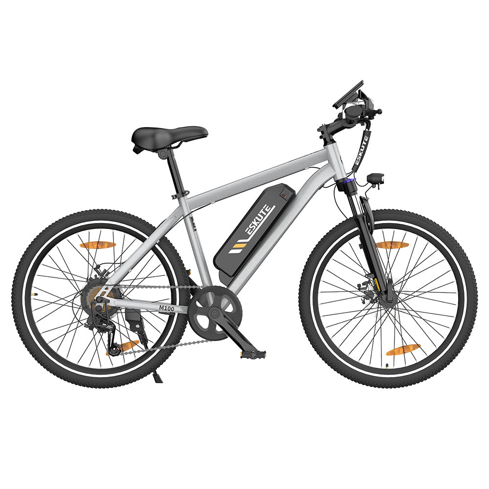 ESKUTE M100 Electric Bike, 250W Brushless Motor, 36V 10.4Ah Removable Battery, 27.5*1.95" Tires, 25km/h Max Speed, 30-55km Range, Disc Brakes, SHIMANO 7-speed, Front Suspension - Silver