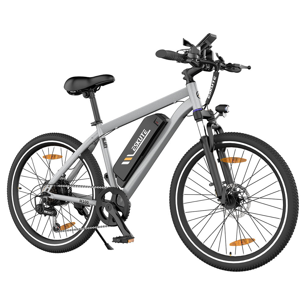 ESKUTE M100 Electric Bike, 250W Brushless Motor, 36V 10.4Ah Removable Battery, 27.5*1.95" Tires, 25km/h Max Speed, 30-55km Range, Disc Brakes, SHIMANO 7-speed, Front Suspension - Silver