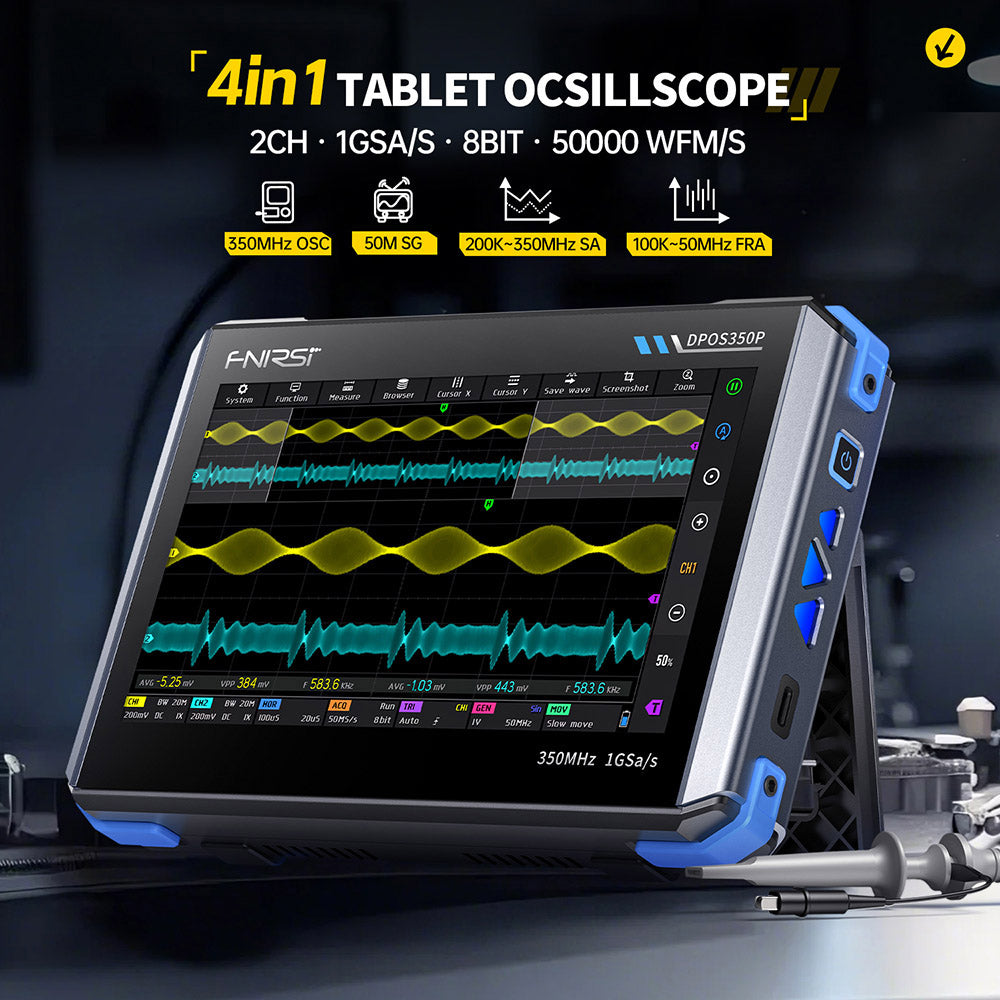 FNIRSI DPOS350P 4-in-1 Tablet Oscilloscope, 1GSPS Sampling, 50MHz Signal Generator, Spectrum Analyzer, 7inch Touchscreen, QC18W Fast Charging - US Plug