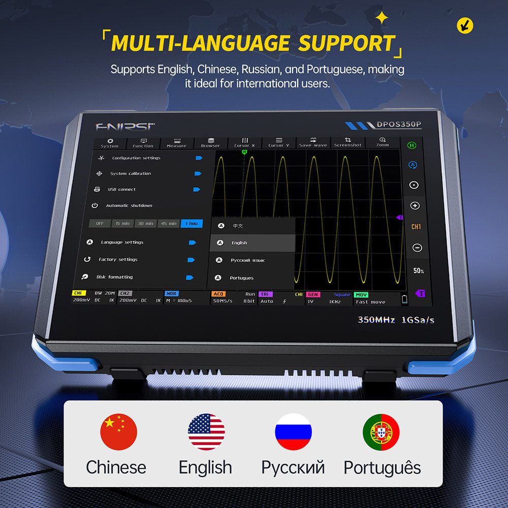 FNIRSI DPOS350P 4-in-1 Tablet Oscilloscope, 1GSPS Sampling, 50MHz Signal Generator, Spectrum Analyzer, 7inch Touchscreen, QC18W Fast Charging - US Plug