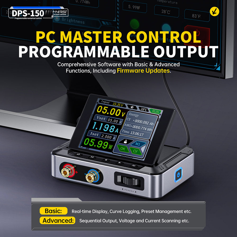 FNIRSI DPS-150 DC Power Supply Variable, 30V 5A  Adjustable, 150W Power, 4-Digit IPS Display, 90 Degree Flip Degin, <20mV Power Ripple, PD/QC/DC Input, PC Programmable Switching