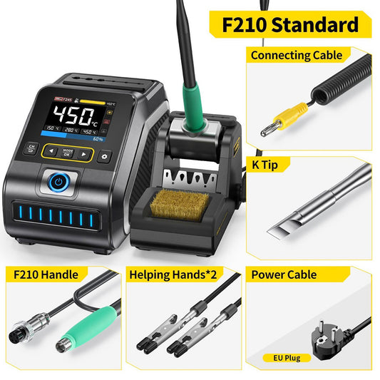 FNIRSI DWS-200 F210 Standard 200W Digital Soldering Iron Station Kit, with 1 Iron Tip and 2 Helping Hands, Temp Value & Curve Mode, 3 Temperature Storage, Full-Color Display