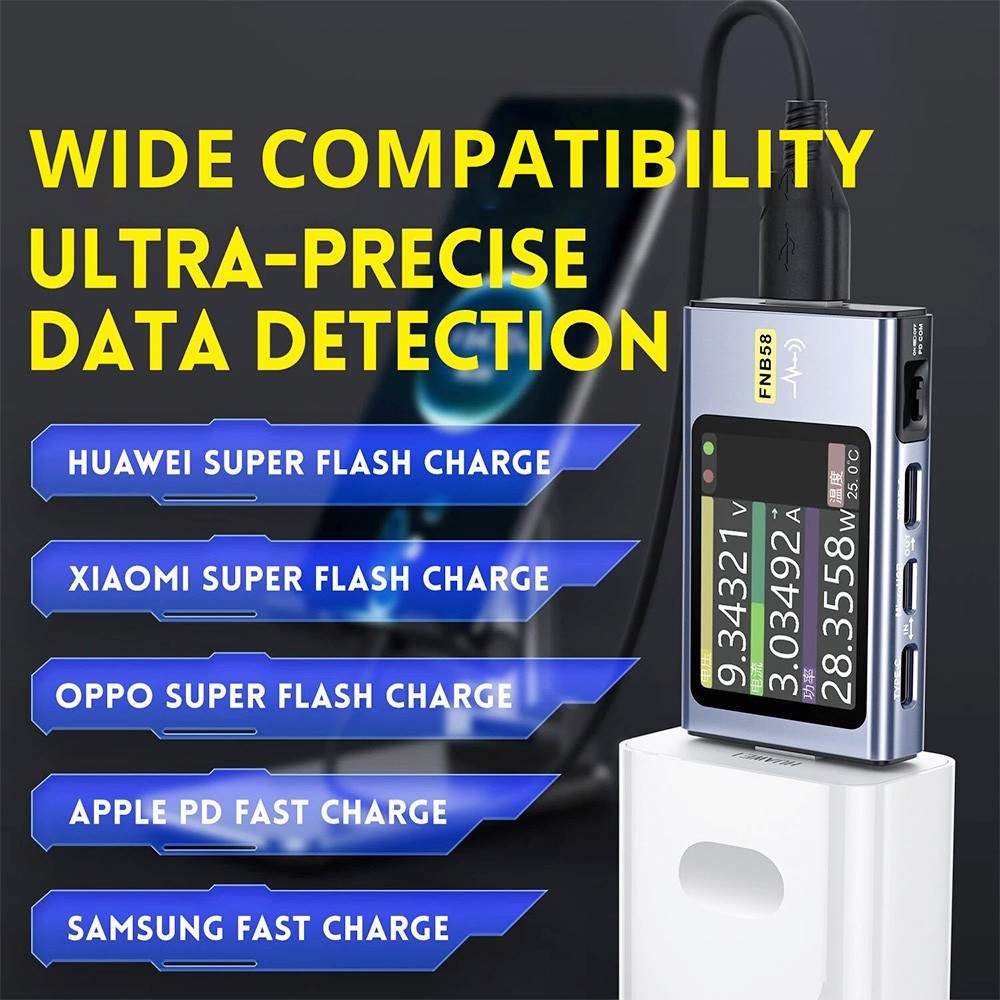 FNIRSI FNB58 USB Voltage Current Tester with Bluetooth, Fast Charge Detection, 4-28V Voltage, 7A High Current, 4 Function Curves, 5 Ports, Multiple Protocol Triggers, 2.0 IPS HD Display