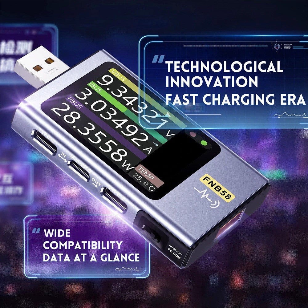FNIRSI FNB58 USB Voltage Current Tester with Bluetooth, Fast Charge Detection, 4-28V Voltage, 7A High Current, 4 Function Curves, 5 Ports, Multiple Protocol Triggers, 2.0 IPS HD Display