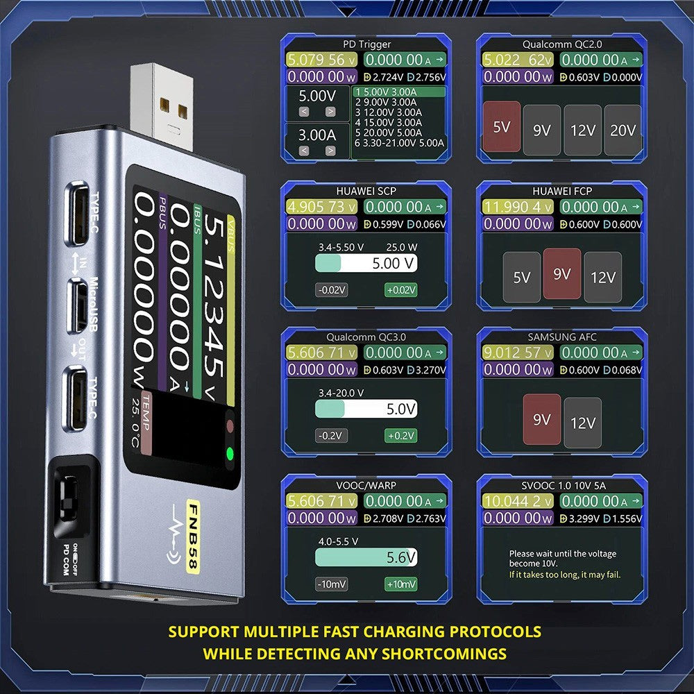 FNIRSI FNB58 USB Voltage Current Tester with Bluetooth, Fast Charge Detection, 4-28V Voltage, 7A High Current, 4 Function Curves, 5 Ports, Multiple Protocol Triggers, 2.0 IPS HD Display