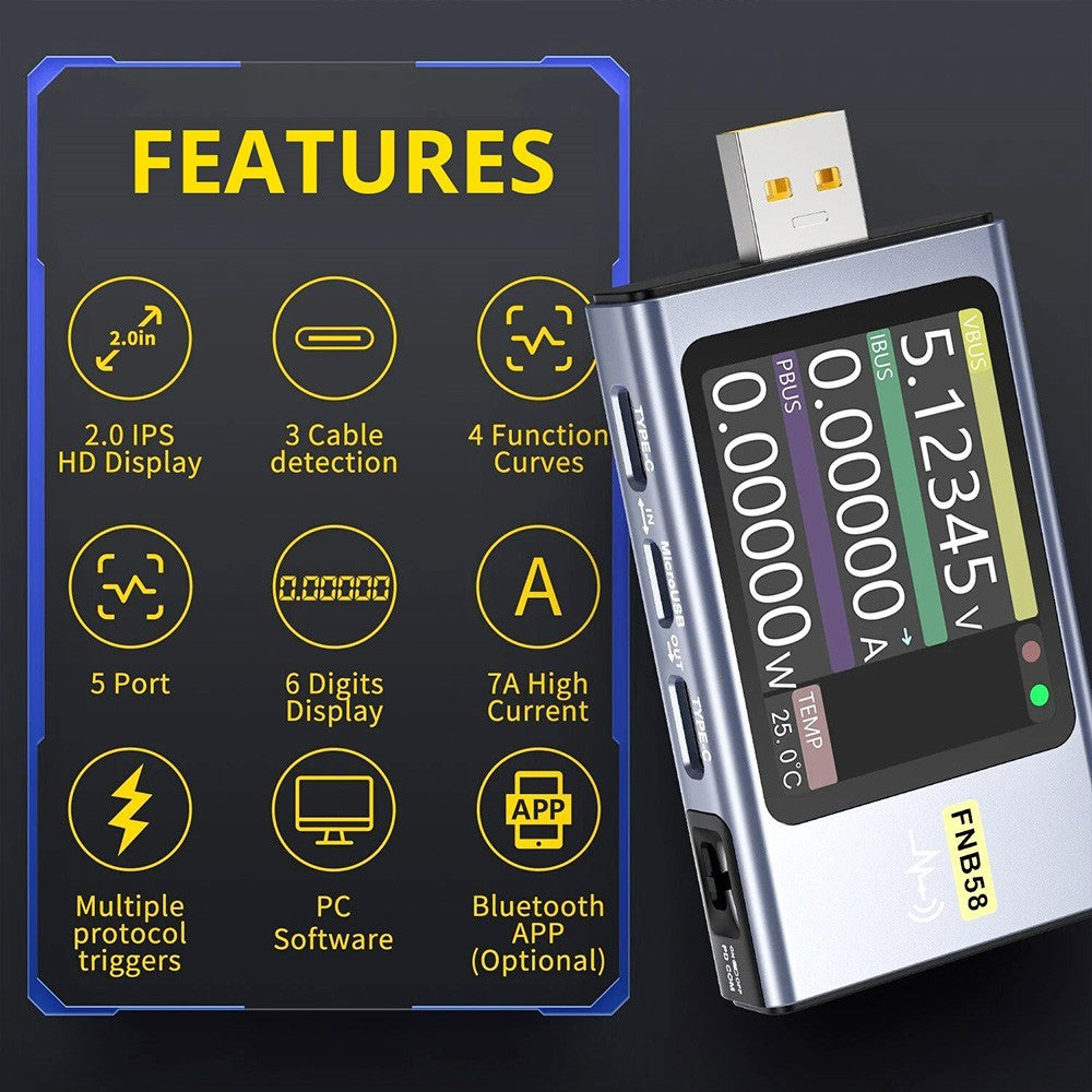 FNIRSI FNB58 USB Voltage Current Tester with Bluetooth, Fast Charge Detection, 4-28V Voltage, 7A High Current, 4 Function Curves, 5 Ports, Multiple Protocol Triggers, 2.0 IPS HD Display