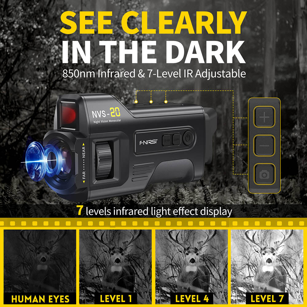 FNIRSI NVS-20 4K Digital Night Vision Monocular, 1.54inch IPS Screen, 6X Max Digital Zoom, 850nm Infrared Light, 7-level Adjustable IR - Black