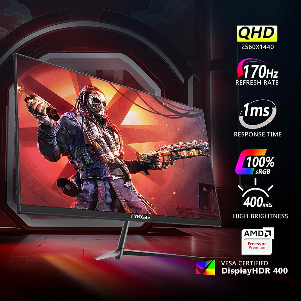FYHXele FY27QHM2 27-inch Monitor, 2560*1440 QHD 16:9 IPS Screen, 170Hz Refresh Rate, 1ms GTG Response Time, 100% sRGB, 1000:1 Contrast, FreeSync, 1*DP 1.4, 2*HDMI 2.0, 1*USB 2.0, 1*Audio, Tilt Adjustment & VESA Mount