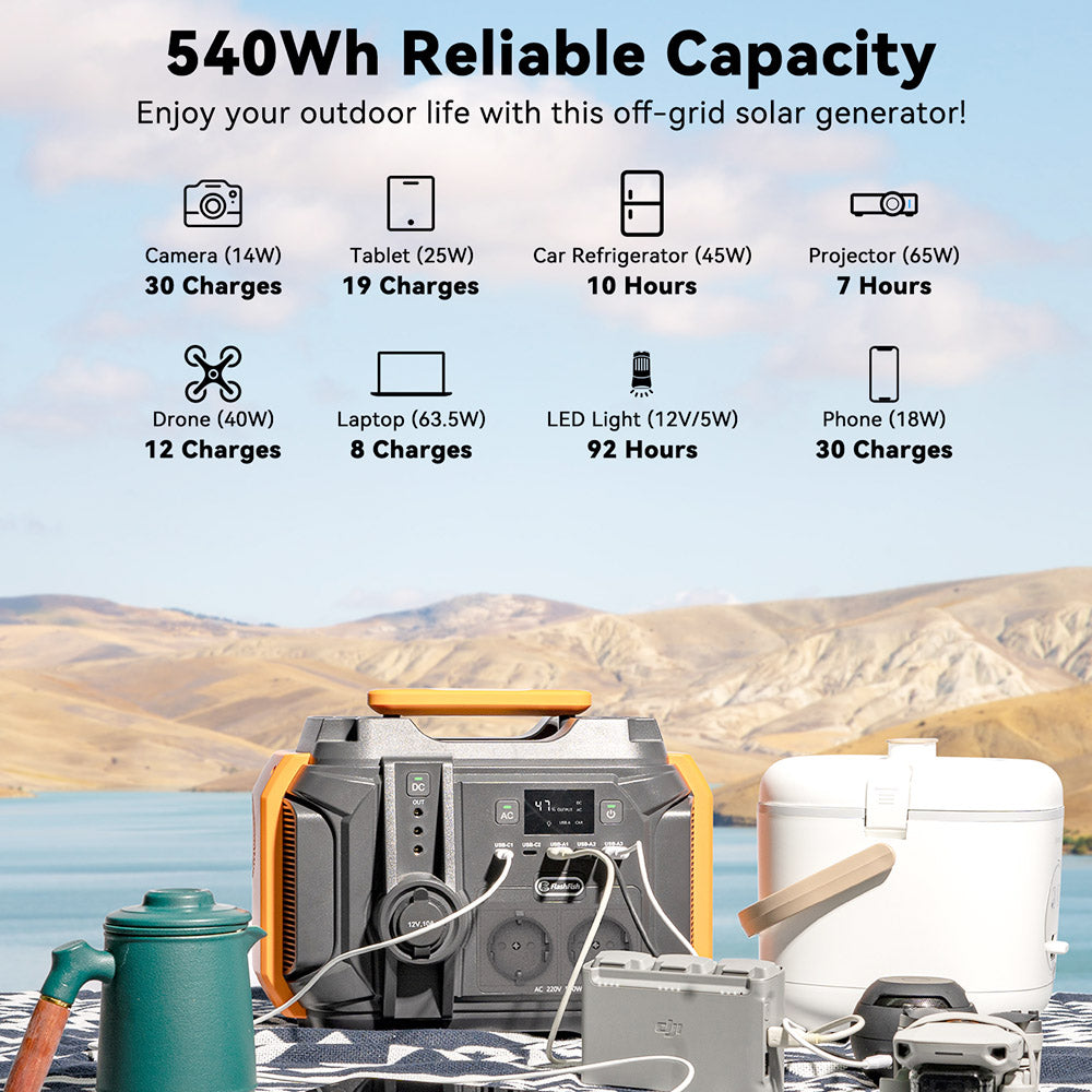 FlashFish A501 Portable Power Station 540Wh/500W (Peak 1000W) AC 230V Output Portable Solar Generator CPAP Battery Failure Provides Emergency Power Supply for Motorhomes/Vans Outdoor Camping