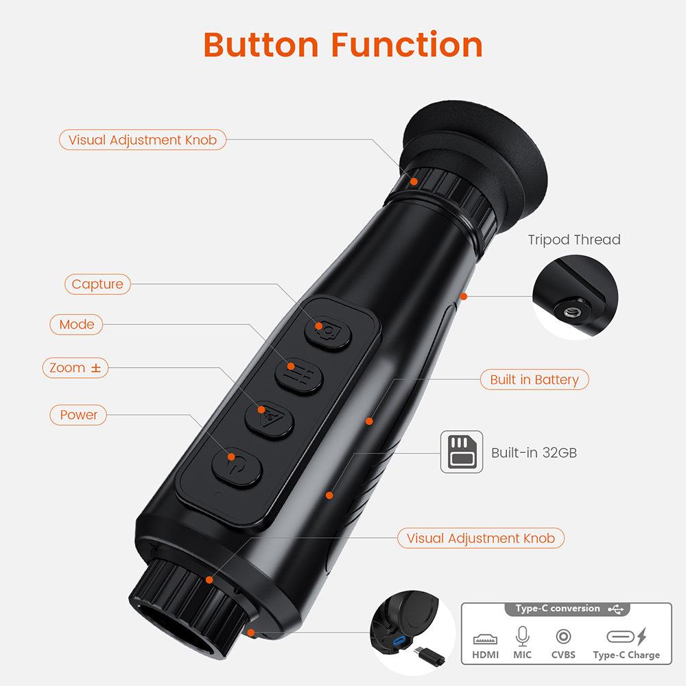 GTGUARD AI15 Thermal Imaging Night Vision Monocular, 60Hz Screen Refresh Rate, 1-8x Digital Zoom, 384*288 Resolution, IP66 Waterproof, Built-in 32GB Storage, 5 Image Mode, 4000mAh Battery