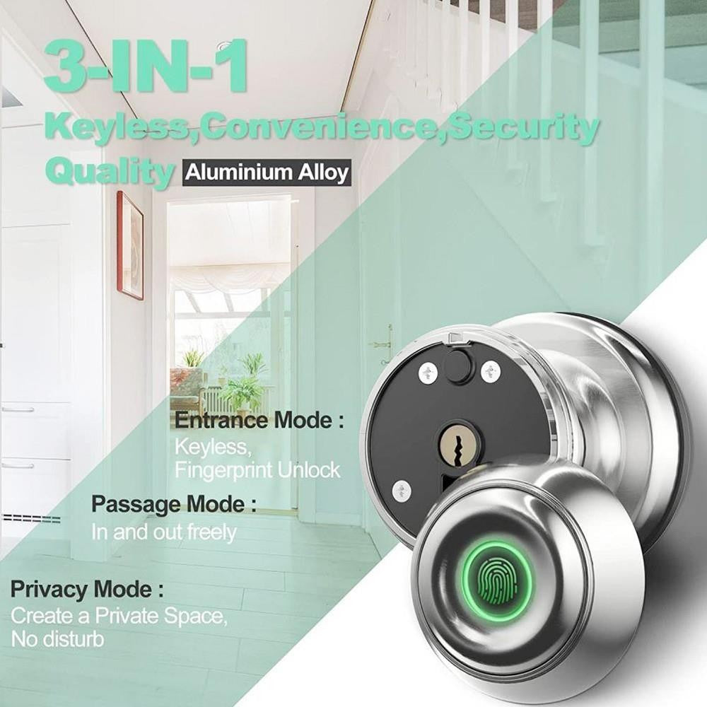 Geek Chef GeekTale K01-05 Smart Door Knob, Biometric Fingerprint Door Lock, App Control, Emergency Backup Keys - Silver