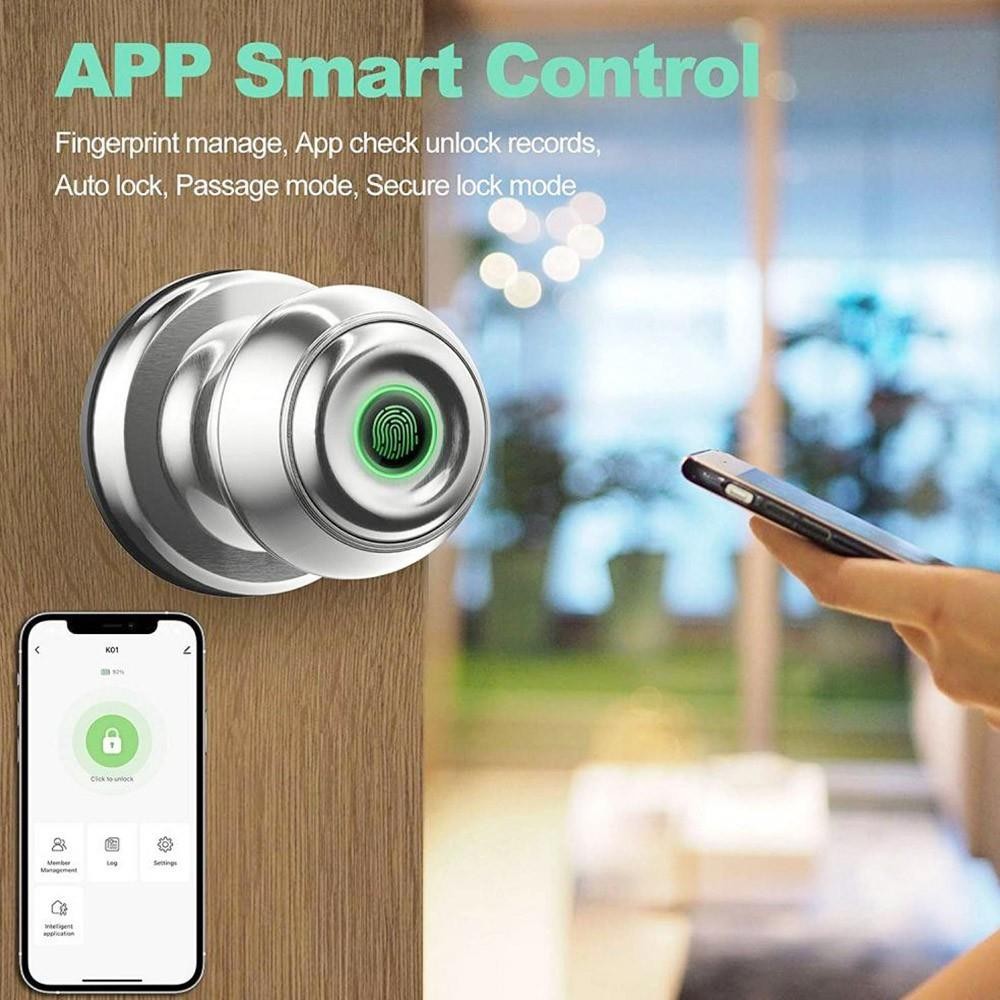 Geek Chef GeekTale K01-05 Smart Door Knob, Biometric Fingerprint Door Lock, App Control, Emergency Backup Keys - Silver